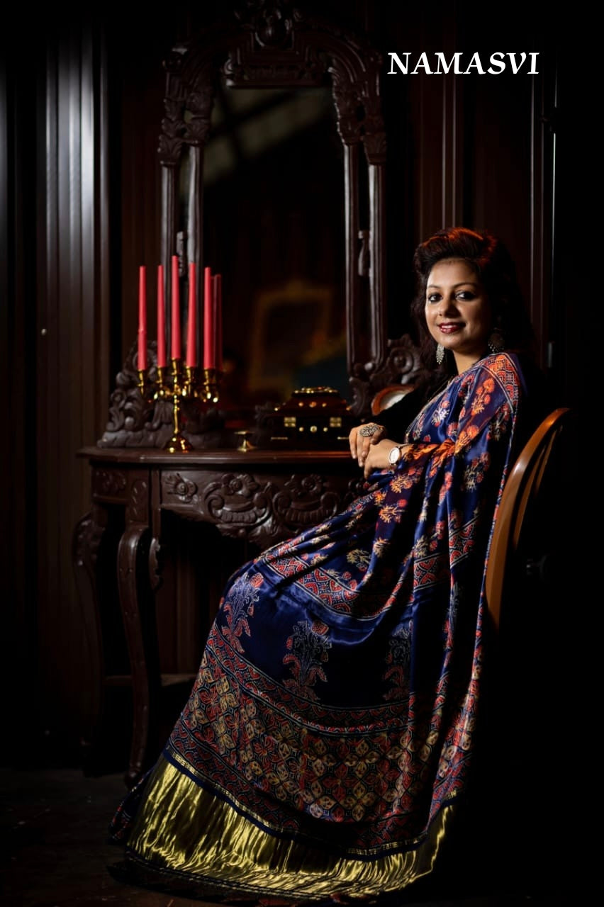 Blue Sapphire-Ajrak Modal Silk Saree