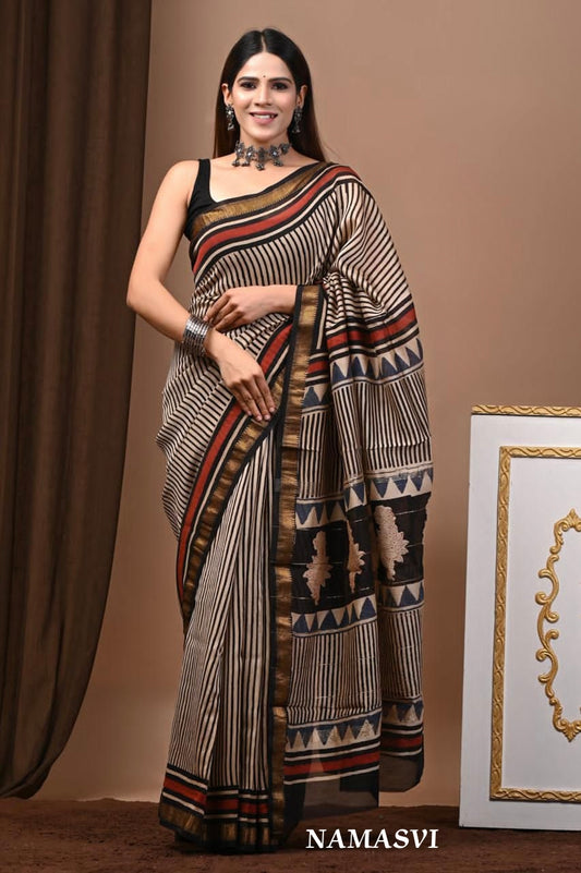 MIDNIGHT BLOOM- Handblock printed pure Maheshwari silk cotton saree